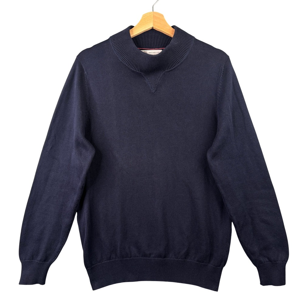 Brunello Cucinelli Mens Navy Blue 100% Cotton Mock Neck Sweater Small Thick